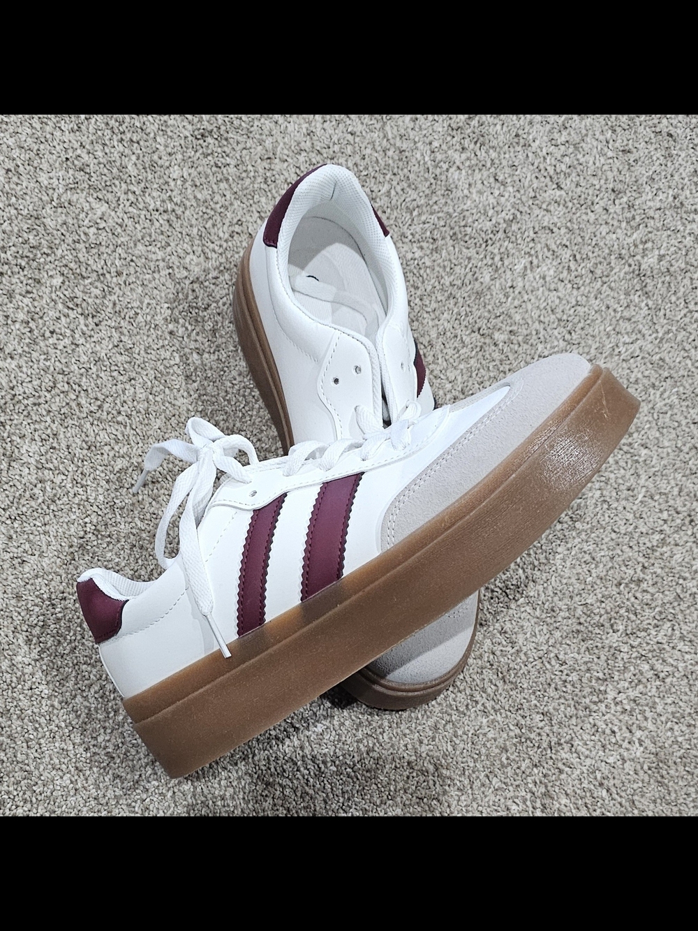 White Sneakers with Maroon Stripes and Gum Sole - Women's Casual Shoes